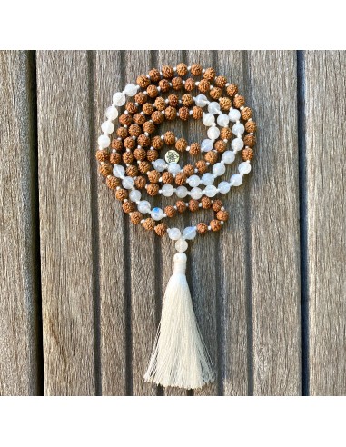 Collier Mala « Bien-être » Pierre de Lune et Rudraksha - 6 mm de pas cher