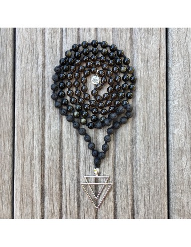 Collier Mala « Ancrage et Protection » Obsidienne, Pierre de lave, Quartz fumé - 6 mm la colonne vertébrale