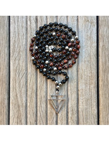 Collier Mala « Ancrage et Protection » Obsidienne, Hematite, Oeil de Taureau - 6 mm les ligaments