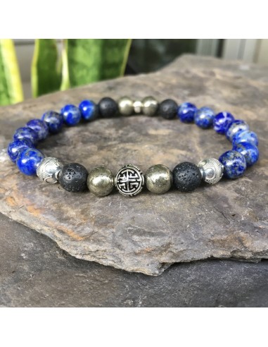 Bracelet Luxe « Confiance » Lapis lazuli, Pyrite et Lave - Argent 925 - 8 mm Venez découvrir notre 