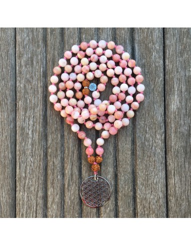 Collier Mala « Amour » Opale rose et Rudraksha - 8 mm Venez acheter