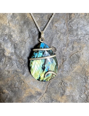 Pendentif « Goutte d'eau » en Labradorite Spectrolite - Reflet Vert/Bleu Jusqu'à 80% De Réduction