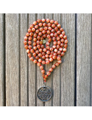 Collier Mala « Optimisme » Pierre de Soleil & Rudraksha -7 mm hantent personnes